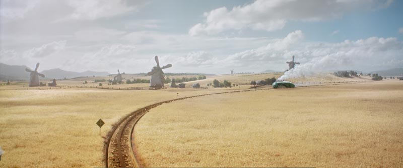 The Emerald City Train crosses a vast field of barley (Hordeum vulgare).