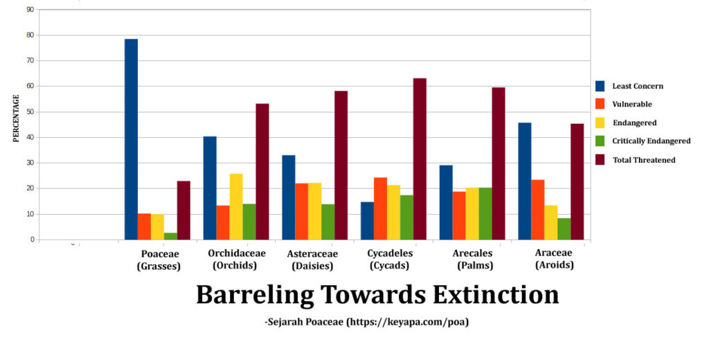 The Poaceae has a lower percentage of threatened species than most other plant families.