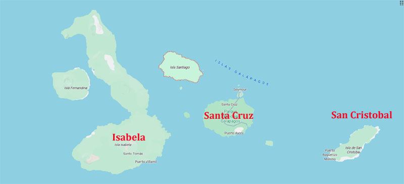 Galapagos, Ecuador, and the three main islands.
