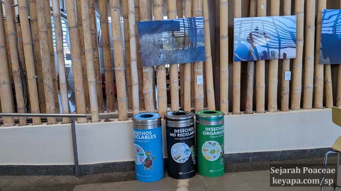 Recycling bins and at Guadua columns at Seymour Airport (GPS) at Isla Baltra, Galapagos Islands.