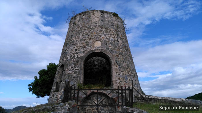 Stone windmill tower at the Annaberg Sugar Plantation in the Virgin Islands National Park on St. John, U.S. Virgin Islands.